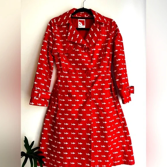 Vintage Red trench coat with white shark print by gsus industries - Picture 1 of 6